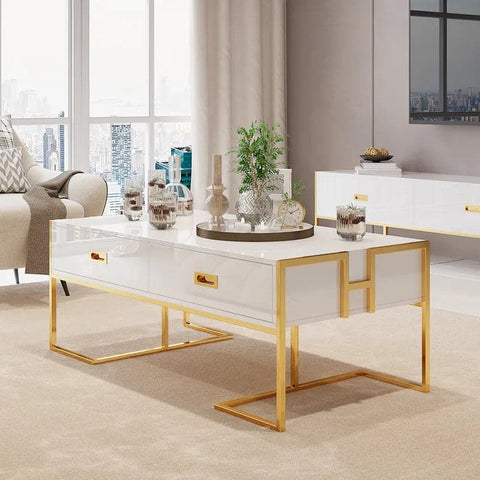 Modern White Rectangular Coffee Table with Drawers Lacquer Gold Base