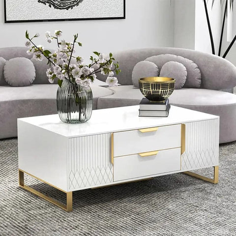 Modern Black/White Rectangular Coffee Table with Storage of Drawers & Doors in Gold