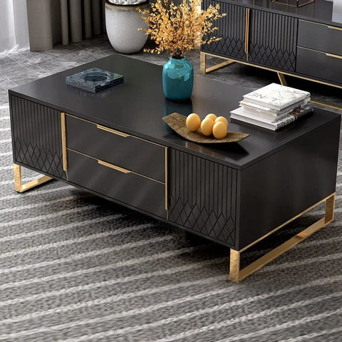 Modern Black/White Rectangular Coffee Table with Storage of Drawers & Doors in Gold
